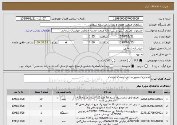 استعلام تجهیزات سرور مطابق لیست پیوست