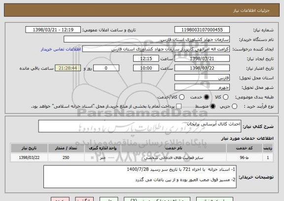 استعلام احداث کانال آبرسانی برایجان 