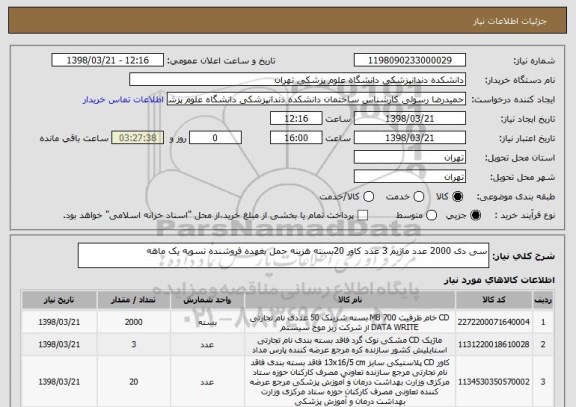 استعلام سی دی 2000 عدد ماژیم 3 عدد کاور 20بسته هزینه حمل بغهده فروشنده تسویه یک ماهه