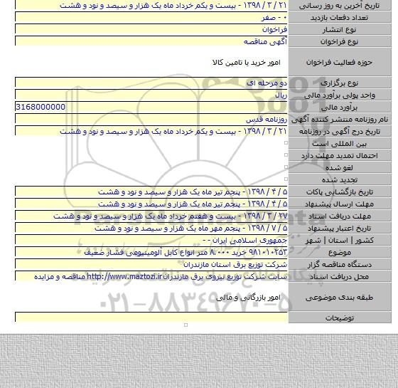 ۹۸۱۰۱۰۲۵۳ خرید ۸.۰۰۰ متر انواع کابل آلومینیومی فشار ضعیف