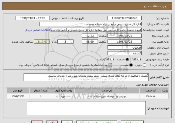 استعلام گشت و مراقبت از عرصه های منابع طبیعی شهرستان کاشان طبق شرح خدمات پیوست