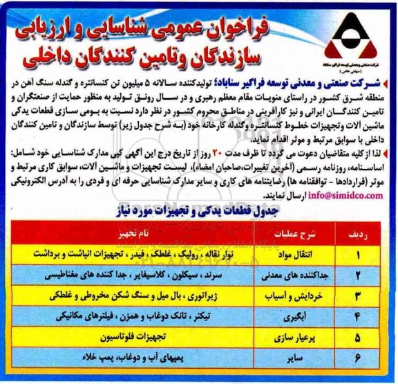 فراخوان بومی سازی قطعات یدکی ماشین آلات و تجهیزات