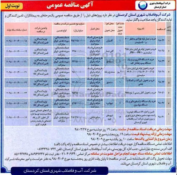 مناقصه, مناقصه خرید و حمل لوله فولادی به قطر 600... 