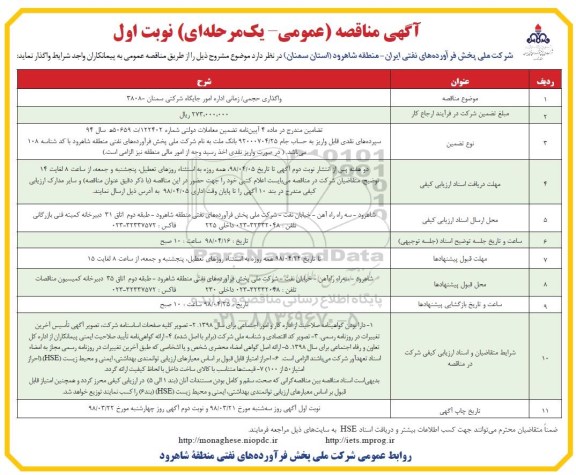 آگهی مناقصه عمومی, مناقصه واگذاری حجمی / زمانی اداره امور جایگاه شرکتی