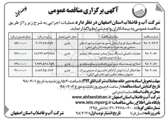 مناقصه عمومی, مناقصه ایستگاه پمپاژ طرح آبرسانی و ...