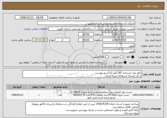 استعلام تابلو برق ایستاده 187 آمپر به شرح پیوست
از کد مشابه استفاده شده است.