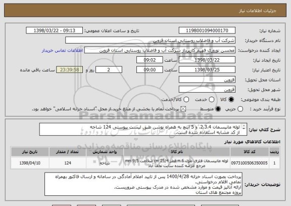 استعلام لوله مانیسمان 2،3،4، و 5 اینچ به همراه بوشن طبق لیست پیوستی 124 شاخه
از کد مشابه استفاده شده است.
