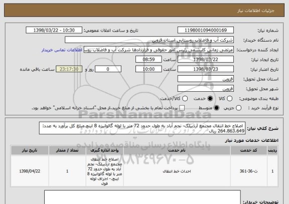 استعلام  اصلاح خط انتقال مجتمع اردبیلک- نجم آباد به طول حدود 72 متر با لوله گالوانیزه 8 اینچ.مبلغ کل برآورد به عدد: 264،863،649 ریال