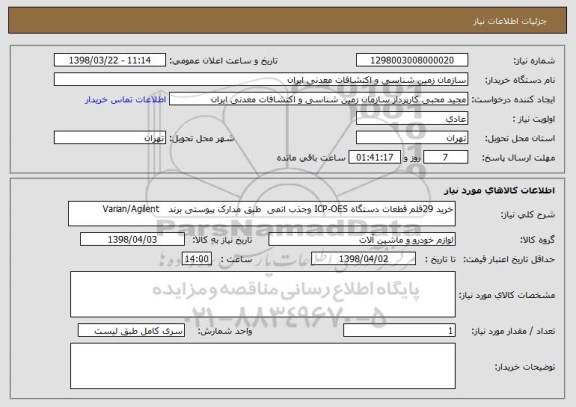 استعلام خرید 29قلم قطعات دستگاه ICP-OES وجذب اتمی  طبق مدارک پیوستی برند   Varian/Agilent