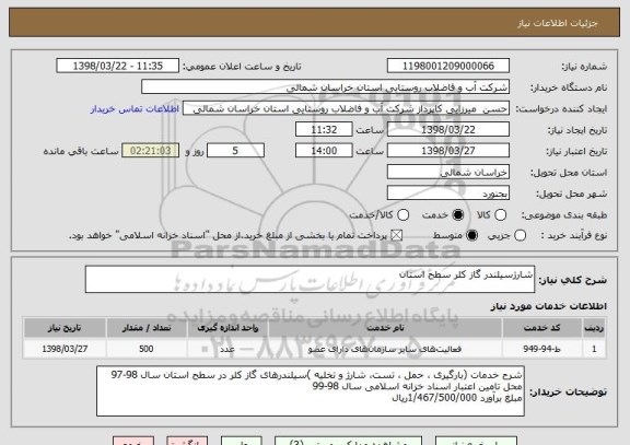 استعلام شارژسیلندر گاز کلر سطح استان 