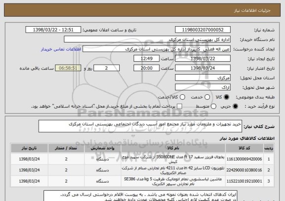 استعلام خرید تجهیزات و ملزومات مورد نیاز مجتمع امور آسیب دیدگان اجتماعی بهزیستی استان مرکزی