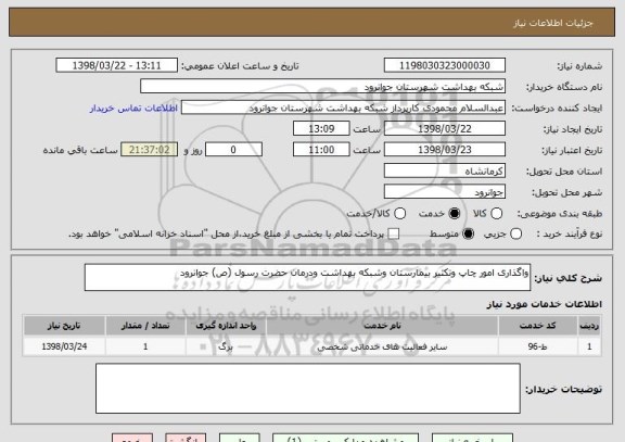استعلام واگذاری امور چاپ وتکثیر بیمارستان وشبکه بهداشت ودرمان حضرت رسول (ص) جوانرود
