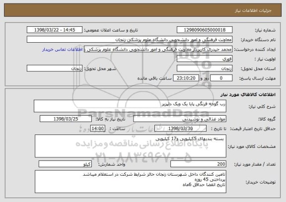 استعلام رب گوجه فرنگی پایا یک ویک دلپزیر
