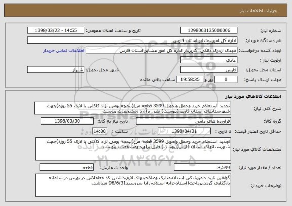 استعلام تجدید استعلام خرید وحمل وتحویل 3599 قطعه مرغ(نیمچه بومی نژاد کاکلی یا لاری 55 روزه)جهت شهرستانهای استان فارس(پیوست) طبق برآورد ومشخصات پیوست