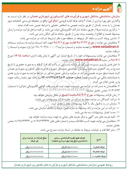 مزایده, مزایده واگذاری حق بهره برداری از تعداد 3 واحد غرفه اغذیه فروشی