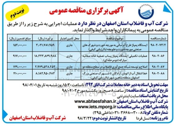 مناقصه عمومی, مناقصه ایستگاه پمپاژ طرح آبرسانی و ... - نوبت دوم 