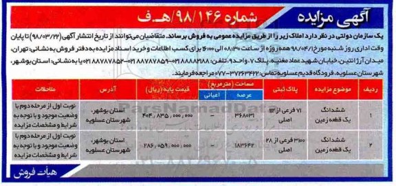 مزایده، مزایده فروش قطعه زمین به مساحت 368031- 183642