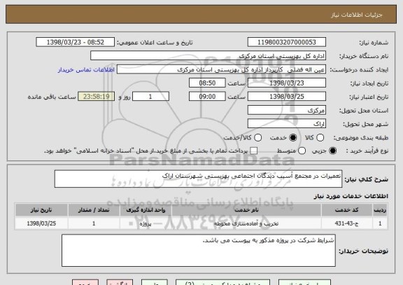 استعلام تعمیرات در مجتمع آسیب دیدگان اجتماعی بهزیستی شهرستان اراک