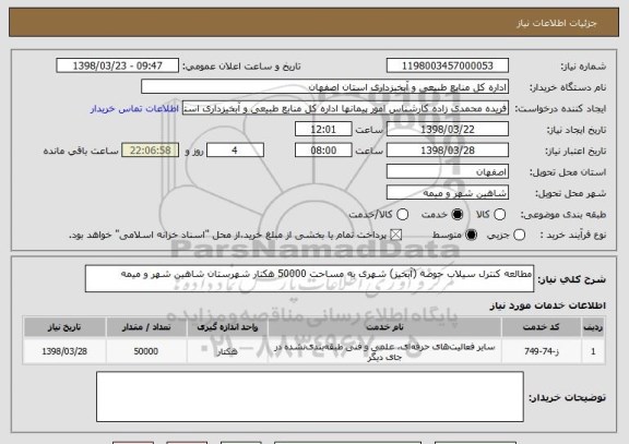 استعلام مطالعه کنترل سیلاب حوضه (آبخیز) شهری به مساحت 50000 هکتار شهرستان شاهین شهر و میمه 