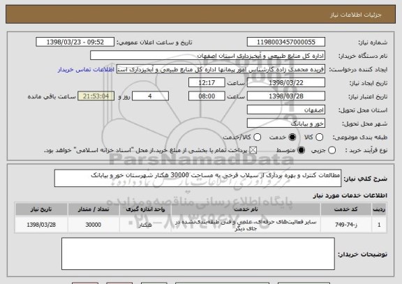 استعلام مطالعات کنترل و بهره برداری از سیلاب فرخی به مساحت 30000 هکتار شهرستان خور و بیابانک