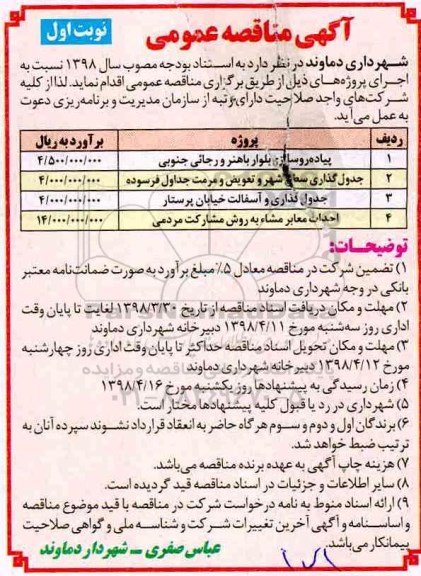 آگهی مناقصه عمومی , مناقصه پیاده روسازی بلوار باهنر
