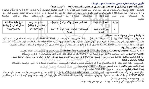 مزایده, مزایده اجاره محل ساختمان مهد کودک - نوبت دوم 