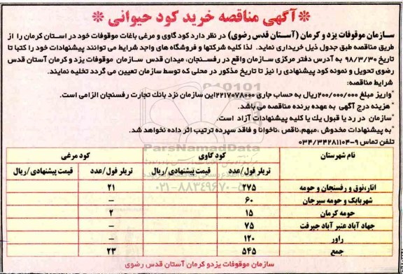 آگهی مناقصه, مناقصه خرید کود حیوانی 