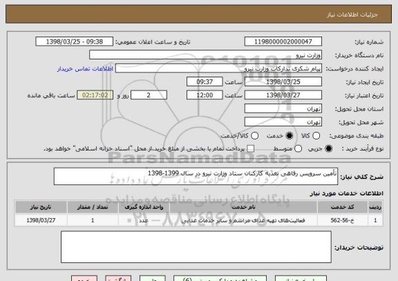 استعلام تأمین سرویس رفاهی تغذیه کارکنان ستاد وزارت نیرو در سال 1399-1398  