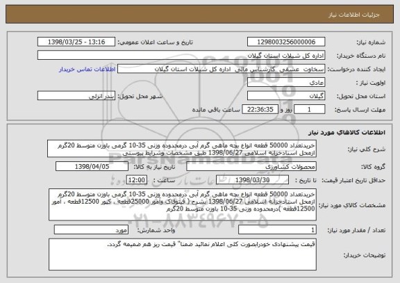 استعلام خریدتعداد 50000 قطعه انواع بچه ماهی گرم آبی درمحدوده وزنی 35-10 گرمی باوزن متوسط 20گرم ازمحل اسنادخزانه اسلامی 1398/06/27 طبق مشخصات وشرایط پیوستی 