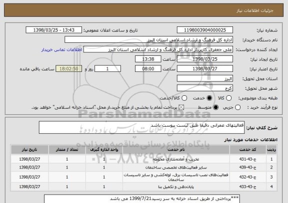 استعلام فعالیتهای عمرانی دقیقا طبق لیست پیوست باشد