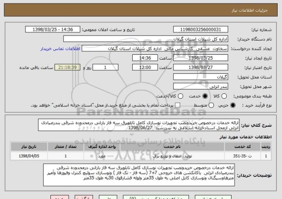 استعلام ارائه خدمات درخصوص خریدونصب تجهیزات نوسازی کامل تابلوبرق سه فاز بارانی درمحدوده شرقی بندرصیادی انزلی ازمحل اسنادخزانه اسلامی به سررسید  1398/06/27
