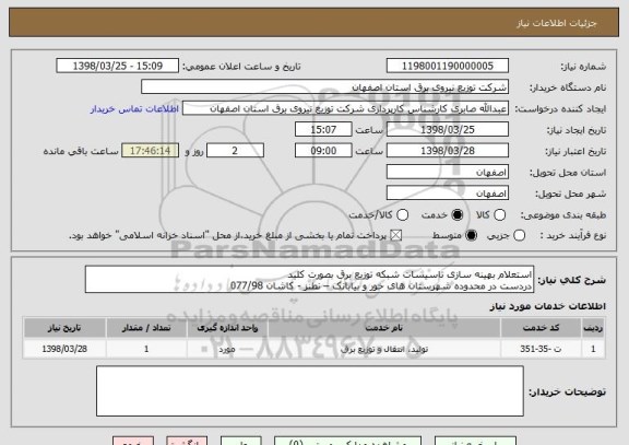استعلام استعلام بهینه سازی تاسیسات شبکه توزیع برق بصورت کلید
دردست در محدوده شهرستان های خور و بیابانک – نطنز - کاشان 077/98
