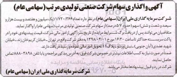 مزایده, مزایده واگذاری سهام شرکت صنعتی تولیدی