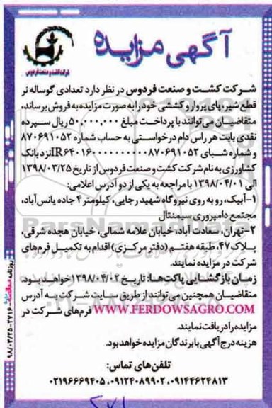 مزایده، مزایده تعدادی گوساله نر قطع شیر، پای پروار و کششی 
