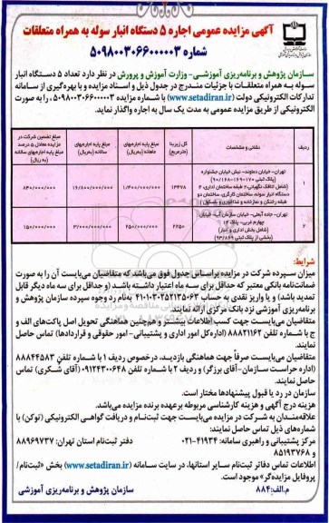 آگهی مزایده عمومی , مزایده اجاره 5 دستگاه انبار سوله