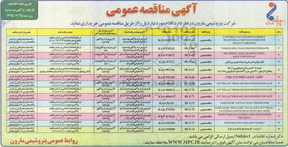مناقصه عمومی , مناقصه CONTROL VALVE SERIES 4100 RDF. MASONEILAN و...نوبت دوم