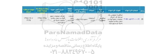 مناقصه, مناقصه عملیات جمع آوری و حمل زباله و تنظیف ناحیه دو شهرداری 