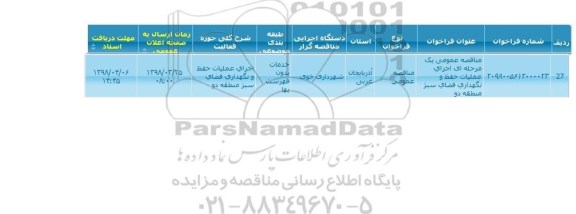 مناقصه, مناقصه اجرای عملیات جمع آوری و حمل زباله و تنظیف ناحیه چهار شهرداری 