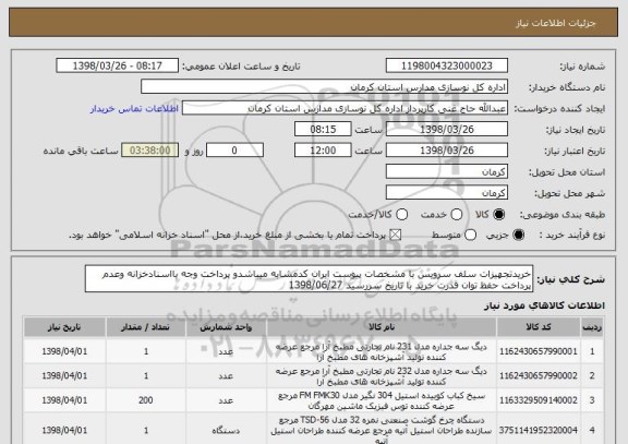 استعلام خریدتجهیزات سلف سرویس با مشخصات پیوست ایران کدمشابه میباشدو پرداخت وجه بااسنادخزانه وعدم پرداخت حفظ توان قدرت خرید با تاریخ سررسید 1398/06/27