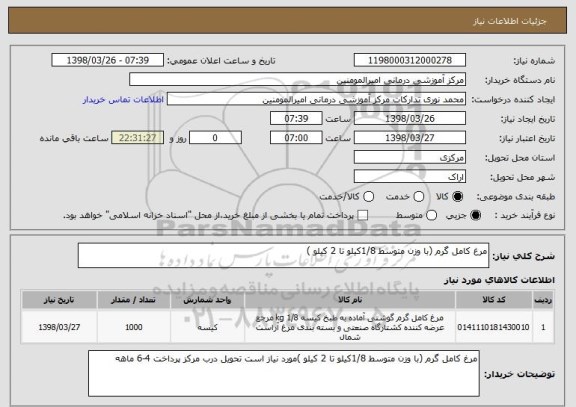 استعلام مرغ کامل گرم (با وزن متوسط 1/8کیلو تا 2 کیلو )