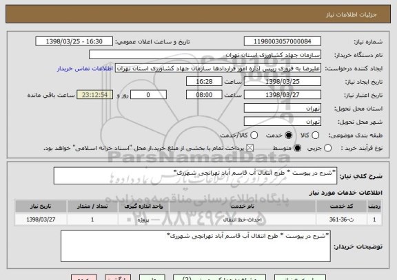 استعلام *شرح در پیوست * طرح انتقال آب قاسم آباد تهرانچی شهرری*