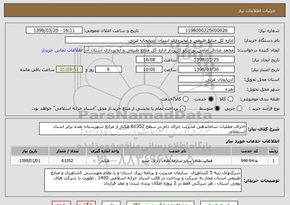 استعلام اجرای عملیات ساماندهی مدیریت چرای دام در سطح 61352 هکتار از مراتع شهرستان نقده برابر اسناد استعلام.