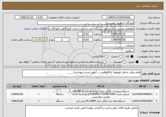 استعلام لوازم برقی شامل تلویزیون ،مایکروفرو..... (طبق لیست پیوست)