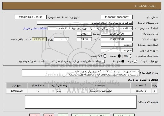 استعلام استعلام بهینه سازی تاسیسات شبکه توزیع برق بصورت کلید
دردست در محدوده شهرستان های خور و بیابانک – نطنز - کاشان