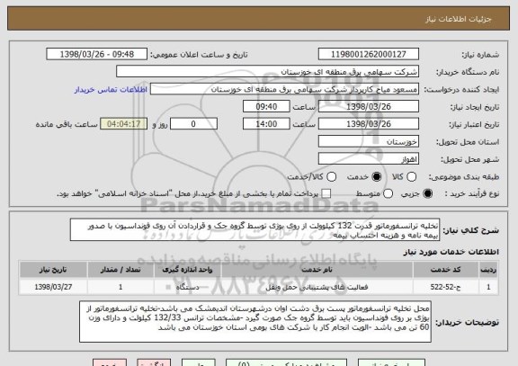 استعلام تخلیه ترانسفورماتور قدرت 132 کیلوولت از روی بوژی توسط گروه جک و قراردادن آن روی فونداسیون با صدور بیمه نامه و هزینه احتساب بیمه 