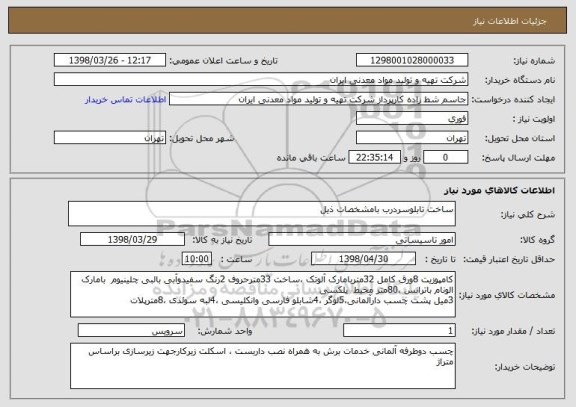 استعلام ساخت تابلوسردرب بامشخصات ذیل