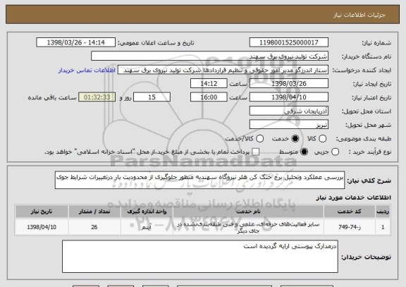استعلام بررسی عملکرد وتحلیل برج خنک کن هلر نیروگاه سهندبه منظور جلوگیری از محدودیت بار درتغییرات شرایط جوی 