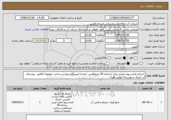 استعلام  اجرای فنداسیون مخزن پیش ساخته 50 مترمکعبی، احداث ایستگاه پمپاژ و ساخت حوضچه کلکتور ، روستای آب باریک شهرستان بوئین زهرا.