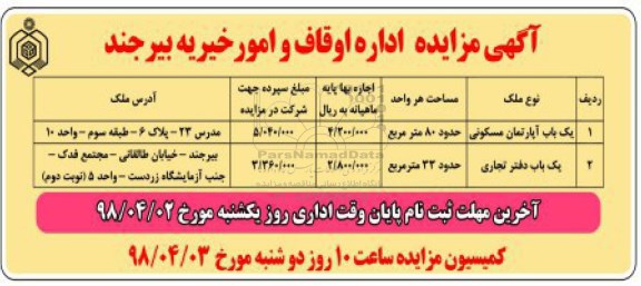 مزایده , مزایده آپارتمان مسکونی و دفتر تجاری