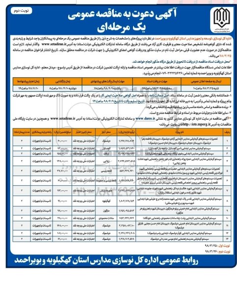 مناقصه تعمیرات سیستم های گرمایشی مدارس نوبت دوم 